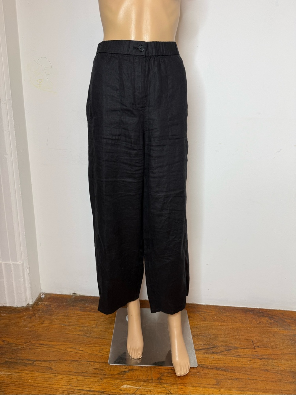 Eileen Fisher Organic Linen Wide Leg Ankle Pant Size LP Petite Black Pockets